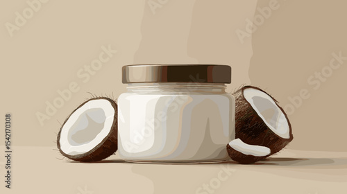 Glass jar of coconut oil with fresh coconut halves on beige background Nutrition and diets