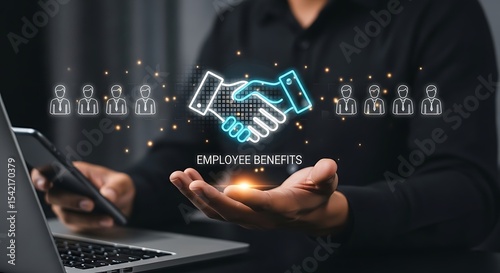 Employee Benefits and Incentives strategy Concept .Corporate Human Resource Management and Benefits Plan ,Corporate Benefits Strategy for Workforce Engagement ,employee benefits and handshake icon. photo