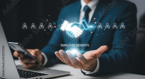 Employee Benefits and Incentives strategy Concept .Corporate Human Resource Management and Benefits Plan ,Corporate Benefits Strategy for Workforce Engagement ,employee benefits and handshake icon. photo