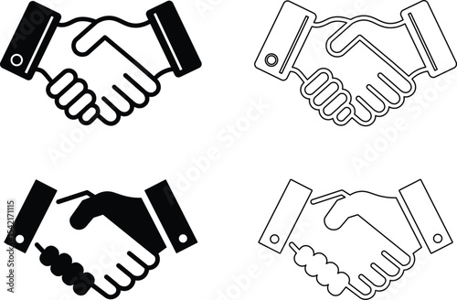 Vector illustrations of four handshake icons in black and white, representing agreement