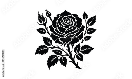 Silhouette Rose, Elegant Rose Silhouette Isolated on White Background