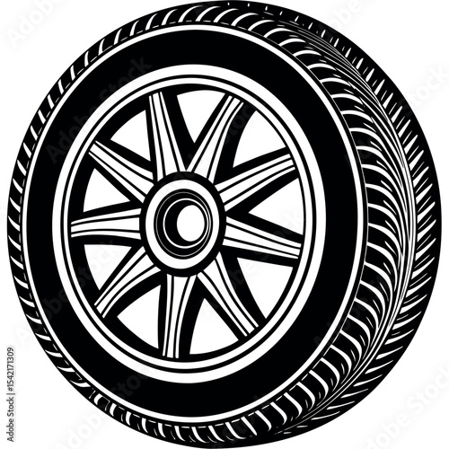 Black and white illustration of a classic car wheel