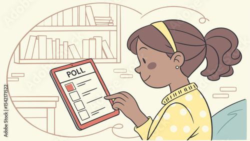 Girl using a tablet to participate in an online poll with a bookshelf in the background at her home office