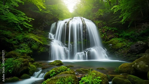 Serene Waterfall Scenery: A Lush Forest Landscape with Cascading Waterfalls and Mossy Rocks
