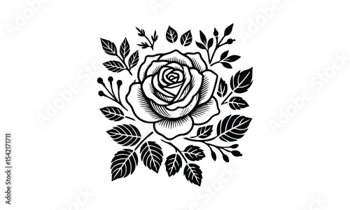 Silhouette Rose, Elegant Rose Silhouette Isolated on White Background