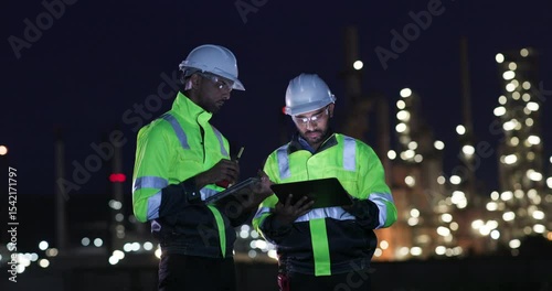 Two power plant engineers wearing green safety PPE uniforms are working with a digital laptop and walkie-talkies at night at a refinery and gas petrochemical plan