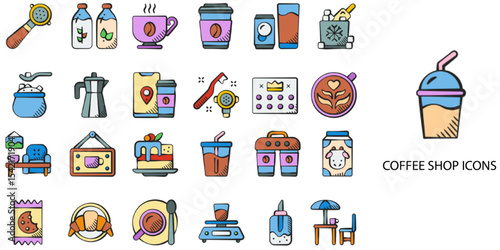 Coffee simple concept 24 hand drawn color icons set .Vector illustration.	