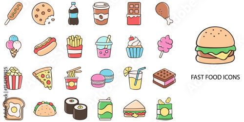 Fast Food simple concept 24 hand drawn color icons set .Vector illustration.	