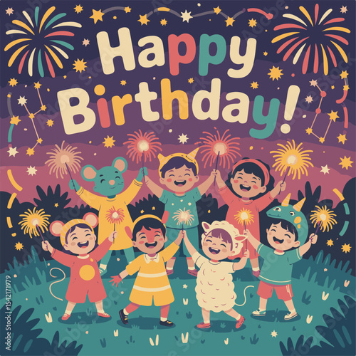 Festive Birthday Celebration Joyful Children in Costume with Fireworks and Party Atmosphere
