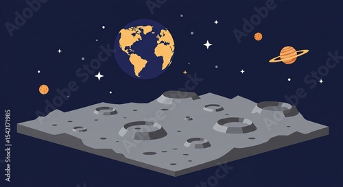Moon Surface with Earth and Planets