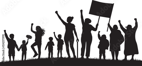 Silhouette group of people protest marching with raised fists and sign for change