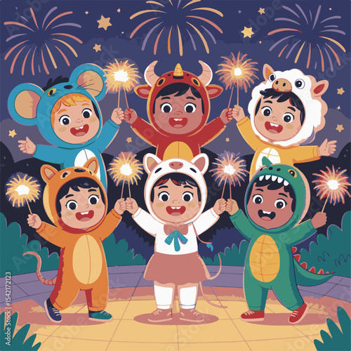 Celebrating Lunar New Year Children Joyfully Holding Sparklers Wearing Zodiac Animal Costumes Under Fireworks Filled Dark Blue Sky
