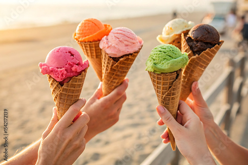 Sweet Summertime Treats: A tantalizing image captures a selection of colorful ice cream cones, held aloft against the sun-kissed backdrop of a summer beach, embodying moments of joy.