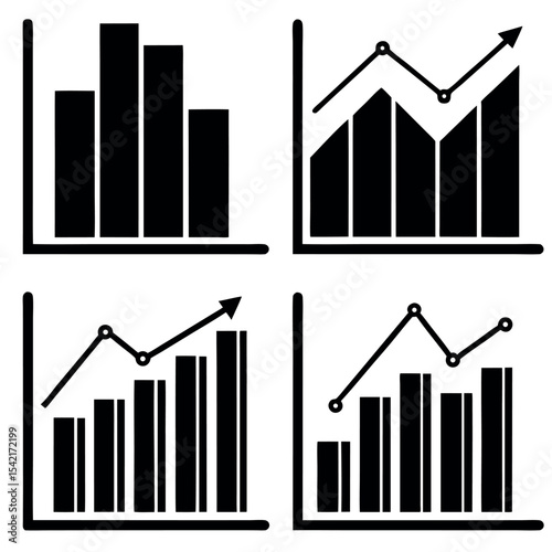 Set of four black bar and line charts