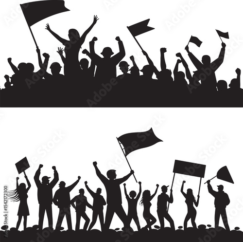 Silhouette of a cheering crowd with flags representing protest or political support