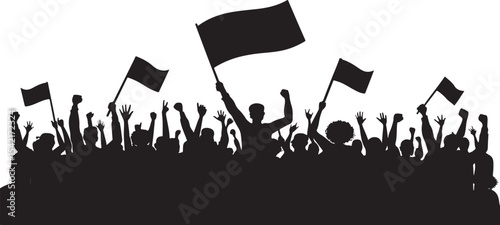Silhouette of a crowd demonstrating with flags and raised hands in unity