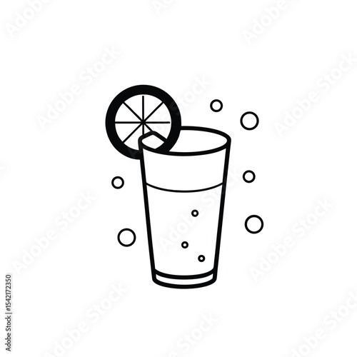 Refreshing Glass of Water with Lemon Slice Line Art - Hydration & Healthy Drink Icon