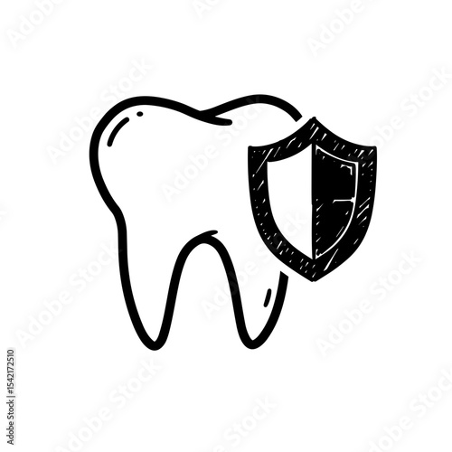 Tooth icon with shield in sketch style for dental safety and protection concept