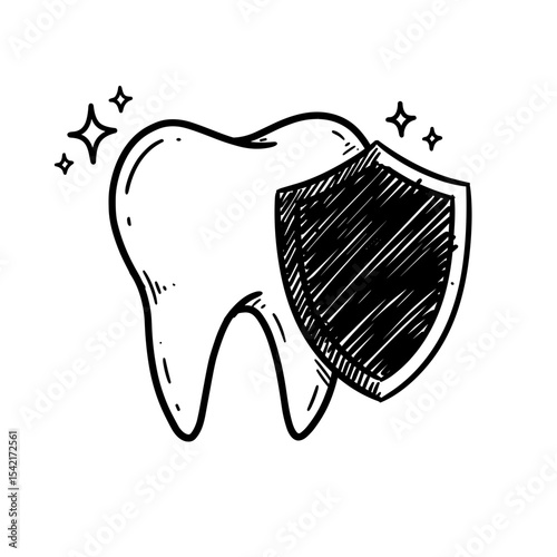 Tooth icon with shield in sketch style for dental protection concept