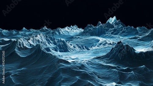 Detailed digital illustration of an oceanic landscape with topographic lines rendered in shades of blue against a dark background