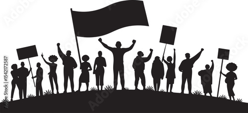Silhouette of a diverse group of people protesting for social justice with flags