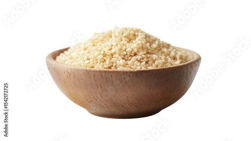 Wooden bowl filled with sesame seeds ready for cooking or baking isolated on transparent background	

