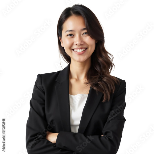 Beautiful young asian businesswoman with happy and smiling face wearing black blazer isolated on transparent background