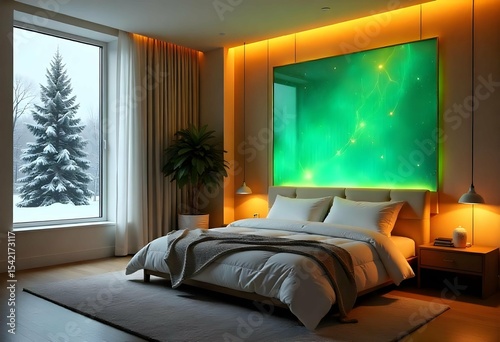 Modern bedroom interior with a green screen mural area on the back wall, prepared for inserting custom landscape wallpaper design