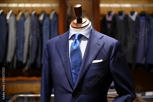 Navy Blue Mens Suit on Mannequin Displayed in Upscale Clothing Store with White Shirt and Blue Dotted Tie Hanging Suits in Background