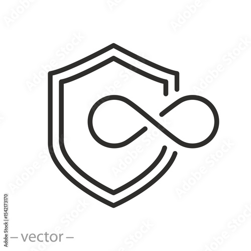 lifetime warranty icon, shield with infinity sign, thin line symbol - editable stroke vector illustration