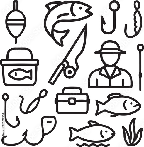 Fishing Icon Set – Rod, Hook, Lure, Bobber, Bucket, Fish, Net, Tackle Box, Line Spool, Angler, Vest – Minimalist Black Silhouettes for Outdoor Lifestyle Graphics
