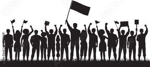 Silhouetted crowd of people protesting with flags and signs demonstrating solidarity and activism