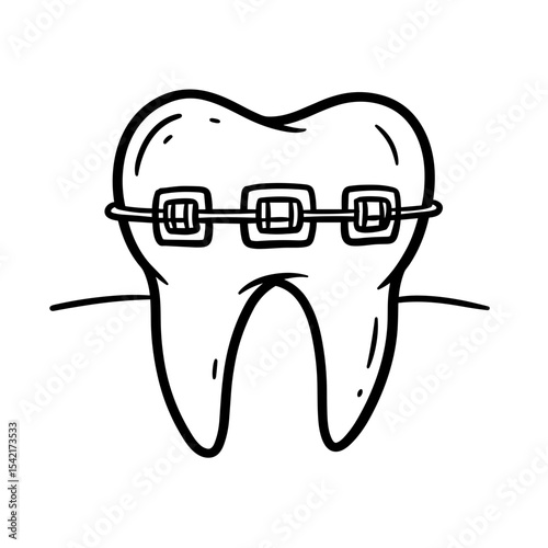 Outlined black tooth icon with braces on a blank background, artistic design for dental treatment and orthodontics