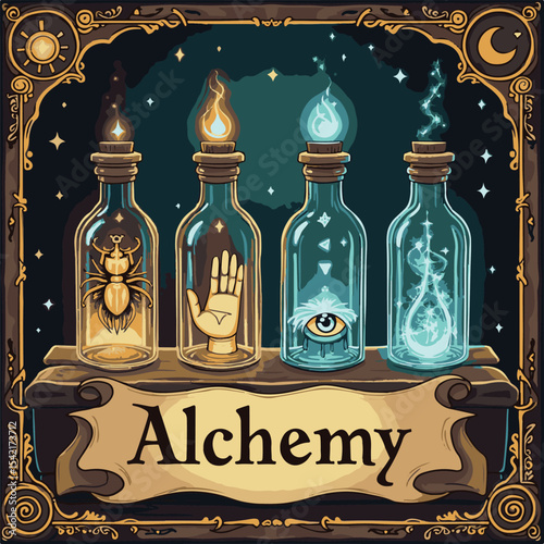 Four Mystical Jars Depicting Alchemy Elements Under a Starlit Sky With a Decorative Wooden Frame
