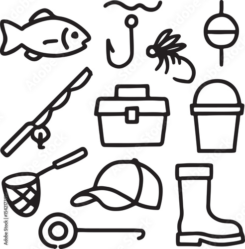 Fishing Icon Set – Rod, Hook, Lure, Bobber, Bucket, Fish, Net, Tackle Box, Line Spool, Angler, Vest – Minimalist Black Silhouettes for Outdoor Lifestyle Graphics