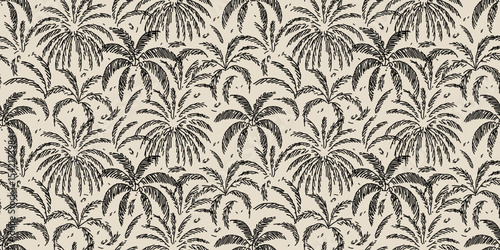 Tropical seamless pattern with hand drawn palm trees. Black hand drawn lines background for fabric, textiles, clothing, poster, cover, decoration, banner, wallpaper, interior. Vector illustration.