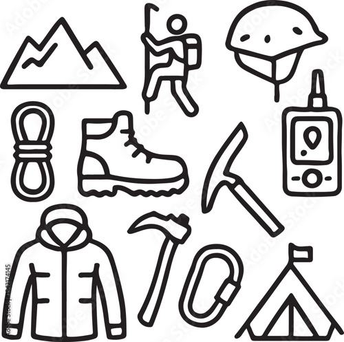 Wallpaper Mural Climber & Mountain Gear Icons – Rope, Ice Axe, Helmet, Boots, Jacket, Walkie-Talkie, Flag, Tent, Peaks – Clean Silhouettes for Rugged Travel and Alpine Adventure Graphics Torontodigital.ca