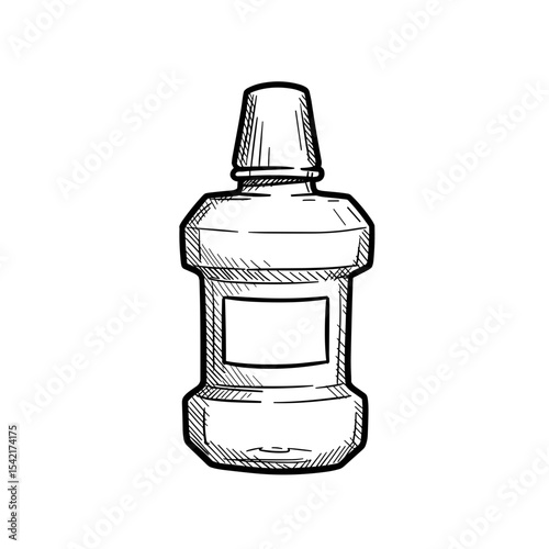 Hand-drawn black mouthwash bottle icon on a blank background, artistic design for oral hygiene and health