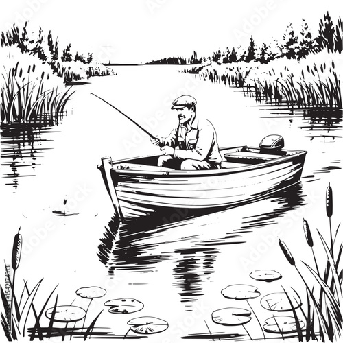Old Man Fishing from Motorized Wooden Boat – Black and White Detailed Line Art