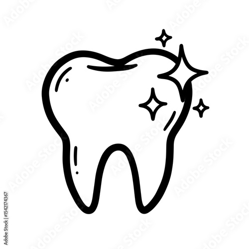 Outlined black shiny tooth icon, minimalistic design for dental health and hygiene