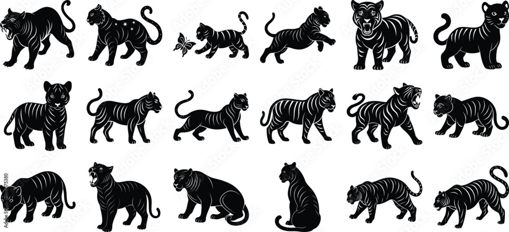 Obraz premium Big Tiger Silhouette Bundle, on white background.