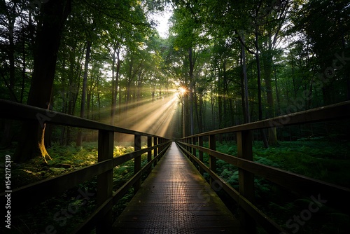 Sunbeams Illuminate Wooden Footbridge Path Through Lush Green Forest Canopy at Sunrise Golden Light Rays Forest Walkway Nature Trail Tranquil Serene Atmosphere