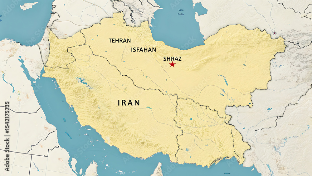 Obraz premium Simplified Pale Yellow Political Map of Iran Showing Tehran Isfahan and Shiraz Cities