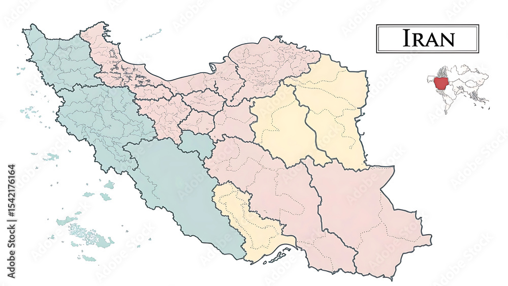 Obraz premium Simplified Pastel Political Map of Iran Showing Provinces in Pale Green Beige and Pink Hues