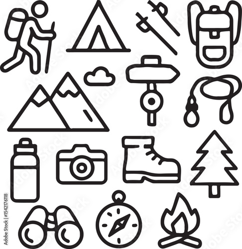 Hiking & Outdoor Gear Icons – Hiker, Backpack, Tent, Compass, Walking Poles, Boot, Water Bottle, Campfire, Tree, Mountain – Clean Silhouettes for Nature Travel and Adventure Graphics