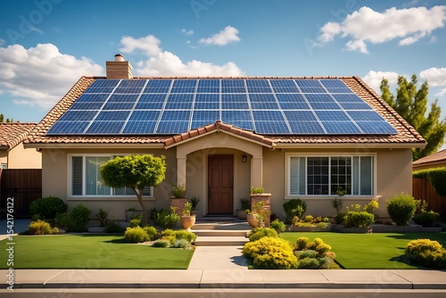 Tan house with brown door and solar panels on roof under blue sky with white clouds green lawn and yellow flowers landscaping