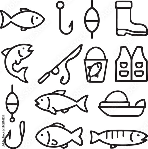 Fishing Icon Set – Rod, Hook, Lure, Bobber, Bucket, Fish, Net, Tackle Box, Line Spool, Angler, Vest – Minimalist Black Silhouettes for Outdoor Lifestyle Graphics