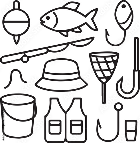 Fishing Icon Set – Rod, Hook, Lure, Bobber, Bucket, Fish, Net, Tackle Box, Line Spool, Angler, Vest – Minimalist Black Silhouettes for Outdoor Lifestyle Graphics