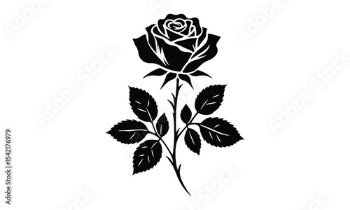 Rose Silhouette, Elegant Rose Silhouette Isolated on White Background