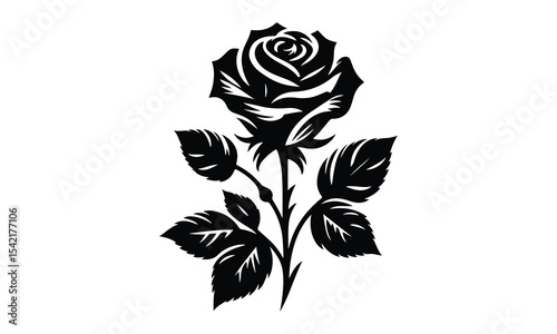 Rose Silhouette, Elegant Rose Silhouette Isolated on White Background